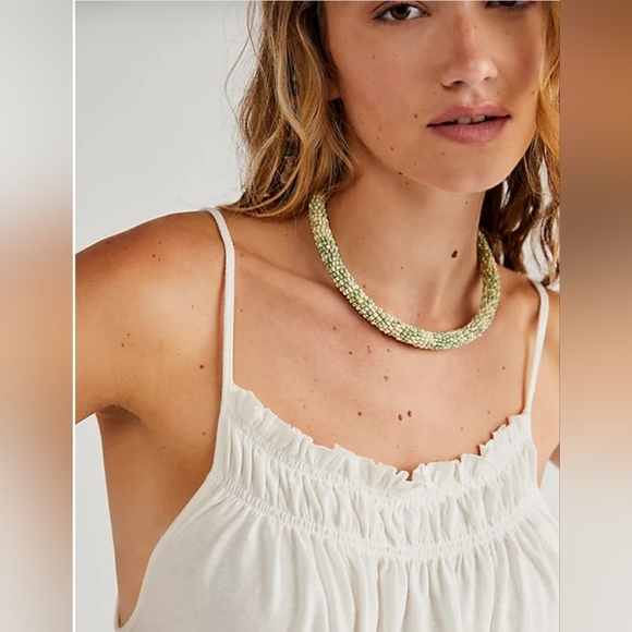 NEW! Free People,  Diving in Beaded Choker Necklace, Light Sage/Cream - NWT! - Picture 1 of 10